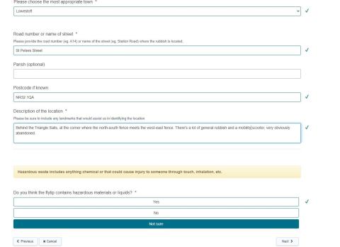 Example of fly-tip report page