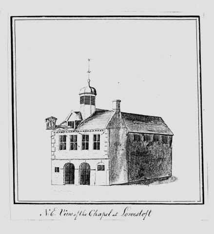 Ink-and-wash study by Richard Powles (1784) of Lowestoft Town Chamber (with Town Chapel to the rear). Its first-floor space once served as the venue for Annot’s Free Grammar School. Credit: Suffolk Archives, Ipswich.