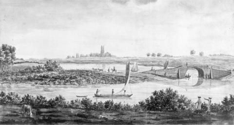 An ink-and-wash study of the Mutford Bridge area, created by Richard Powles in 1787. This view forms one of the items in the Isaac Gillingwater collection of local illustrations (c. 1807) - Suffolk Archives, Ipswich - 193/2/1.