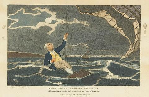 An original water-colour of John Money and his balloon in the North Sea’s waters was produced by Philip Reinagle. This was turned into an engraving, which was then printed in both colour and monochrome for general circulation. The image is accurate in its portrayal of the balloon's lines and the gondola’s boat-shape.