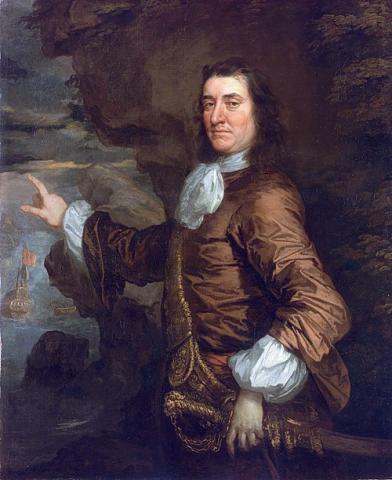 Sir Thomas Allin, Vice-Admiral of the Red, as depicted by Peter Lely in his “The Flagmen of Lowestoft” - a series of  thirteen portraits of leading Naval commanders involved in the Battle of Lowestoft victory over the Dutch (13 June 1665). Allin's ship, the “Plymouth", is shown flying its red flag below his right hand. Samuel Pepys. saw the overall work of portraiture under way in Lely's studio during April 1666