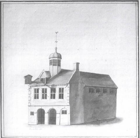 An ink-and-wash study of the Town Chamber (with Town Chapel to the rear), executed by Richard Powles in 1782. This was the town’s multi-purpose civic HQ until the Town Hall was built (1857-60), with the curfew bell hung in the cupola surmounting the roof. Suffolk Archives (Ipswich), 193/2/1 - the Isaac Gillingwater collection of illustrations (c. 1807).