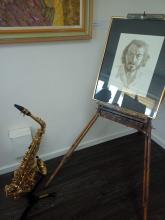 John Reay self-portrait and saxaphone